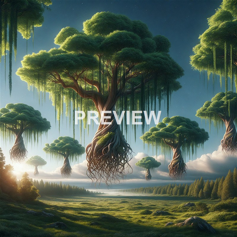 A fantastical landscape featuring large, floating trees with lush green canopies and exposed root systems, set against a twilight sky with clouds and a distant forest.